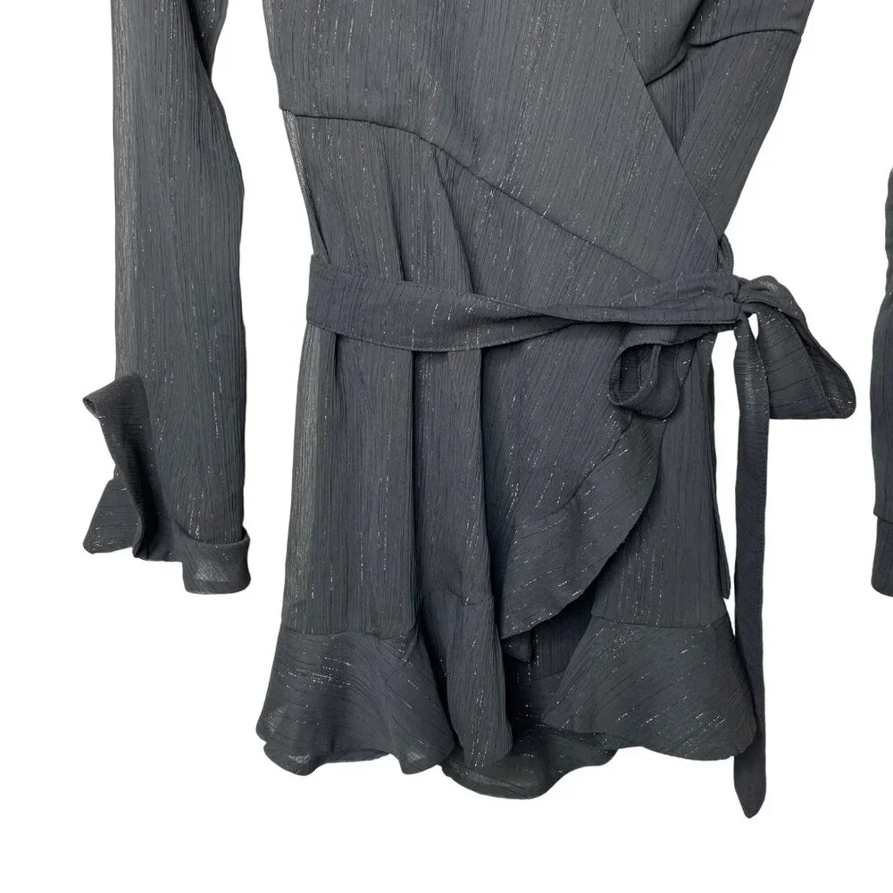 Donna Mizani Eliza Wrap Dress Size Small Mini Black Long Sleeve Ruffle Detail